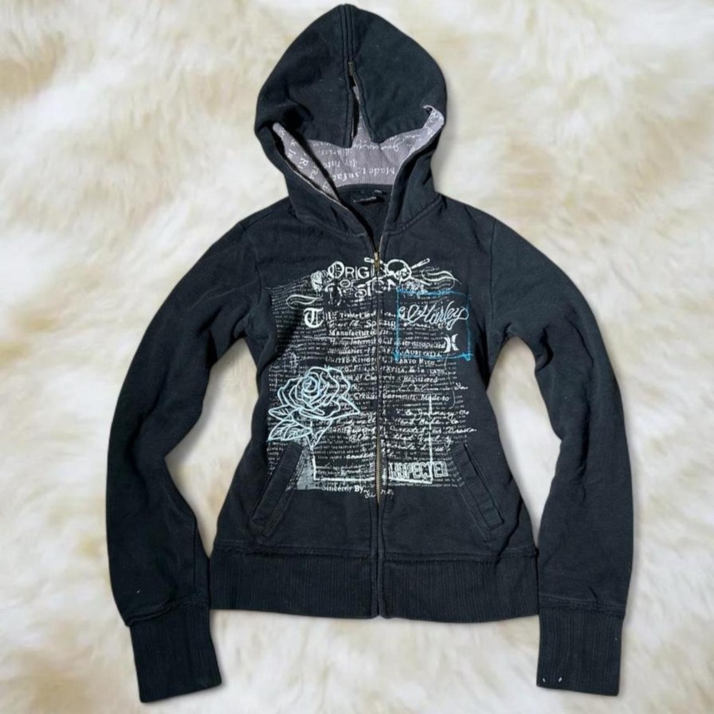 Hurley Y2K Graphic Zip Up Hoodie Black Grunge Tattoo Rose Jacket Womens XS